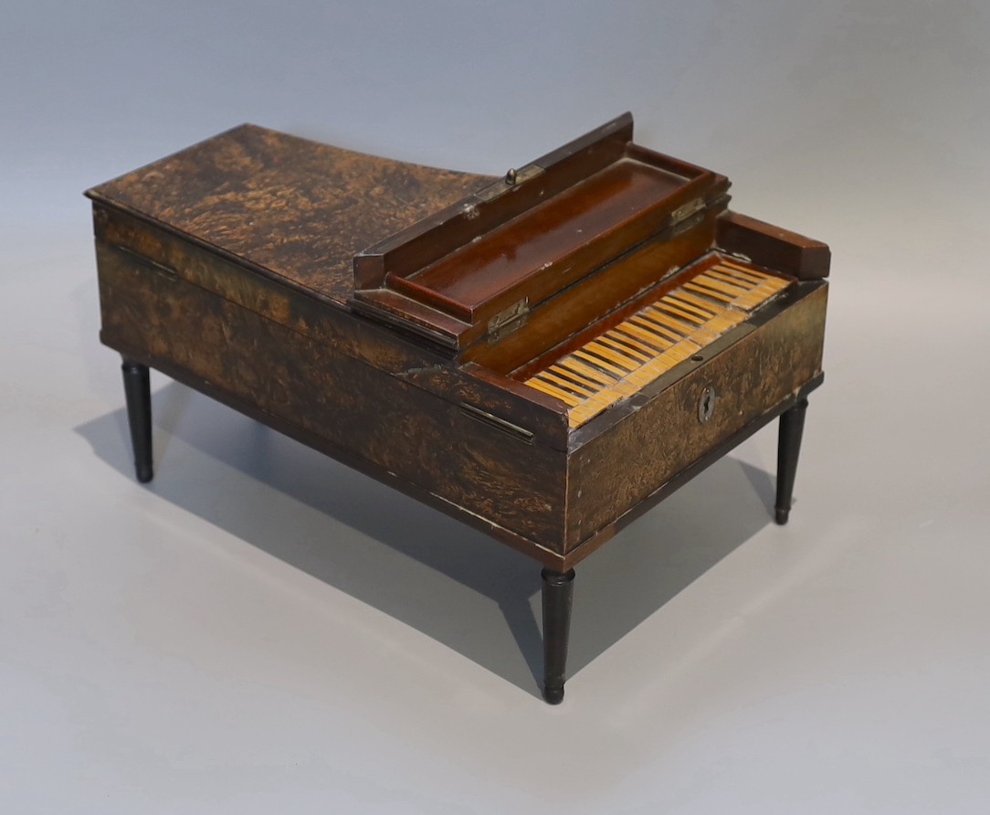 A 19th century French simulated burr walnut musical jewellery casket, modelled as a piano forte, length 30cm height 17cm